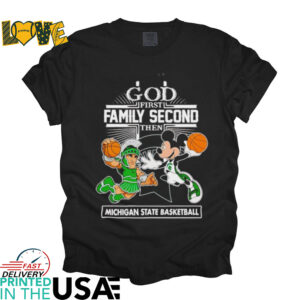 Mickey mouse God first family second then Michigan State basketball shirt