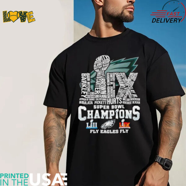 Philadelphia Eagles Super Bowl Champions 2025 fly Eagles LIX player name shirt