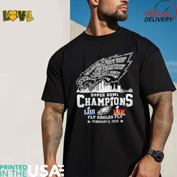 Philadelphia Eagles Super Bowl Champions 2025 fly Eagles fly player name logo shirt