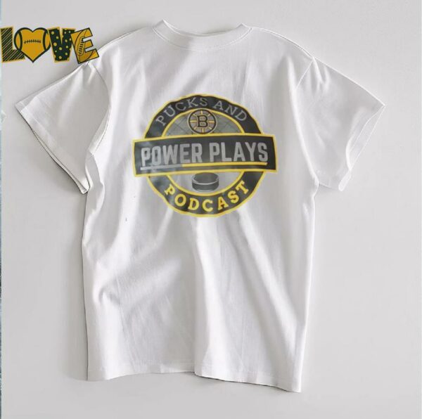 Pucks and podcast power plays Boston Bruins logo shirt