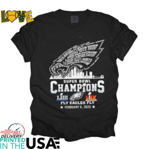 Philadelphia Eagles Super Bowl Champions 2025 fly Eagles fly player name logo shirt