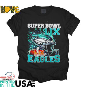 Philadelphia Eagles Super Bowl 2025 LIX Champions helmet on fire shirt